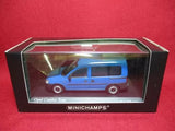 Blue diecast model van in display box with clear window, Minichamps branding
