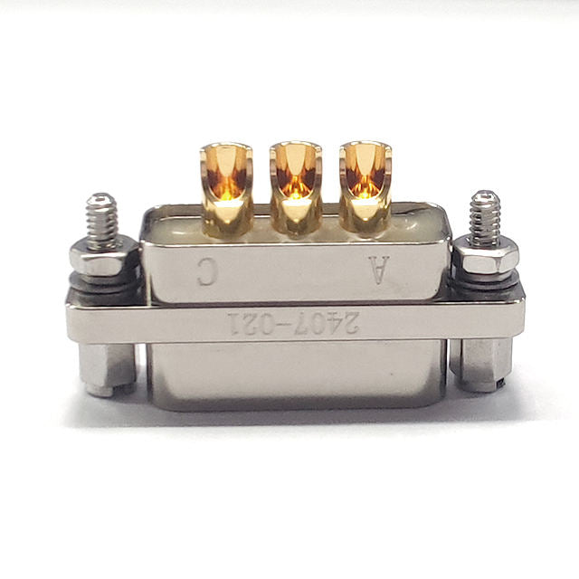 Micro rectangular crimp connector with metal housing and three gold pins