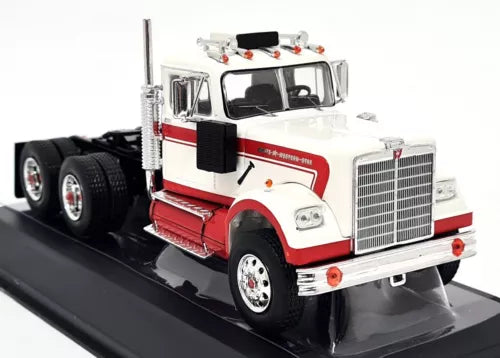 Diecast model truck with white cab, red stripe, chrome grille and front bumper, black tires
