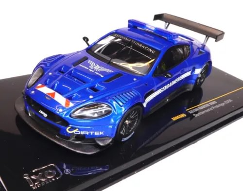 Blue police race diecast model car with front three-quarter view, Aston Martin livery