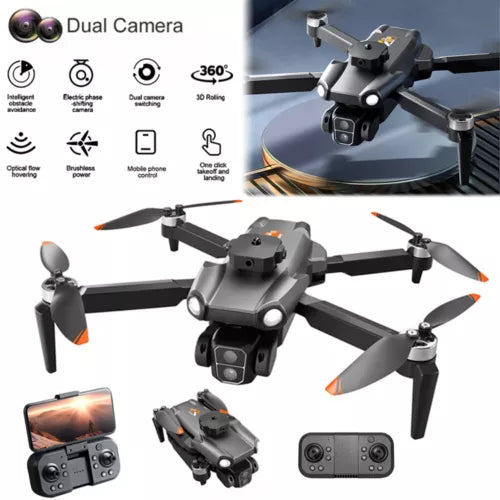 Foldable quadcopter drone with dual camera and remote controller.