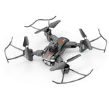 Grey quadcopter drone with four propellers and front camera module