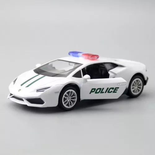 Lamborghini Huracan police diecast car toy, white with green stripes, POLICE logo, light bar