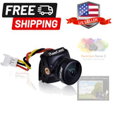 Lightweight FPV camera module with black housing, front lens, and multicolor wiring
