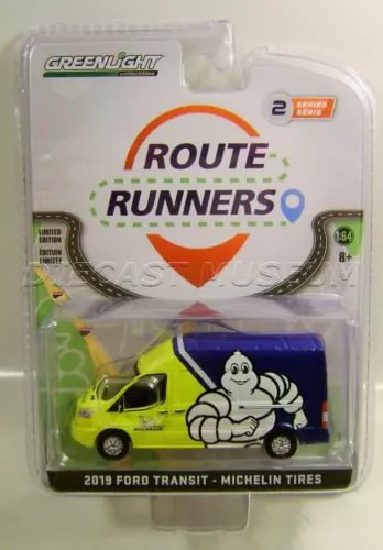 Greenlight Route Runners diecast Ford Transit in lime green and blue, boxed