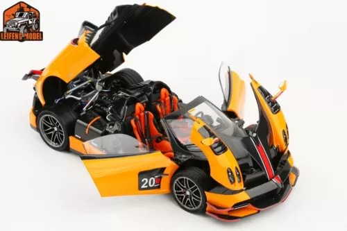 1:18 scale orange and black Pagani Huayra BC roadster diecast car model with open doors