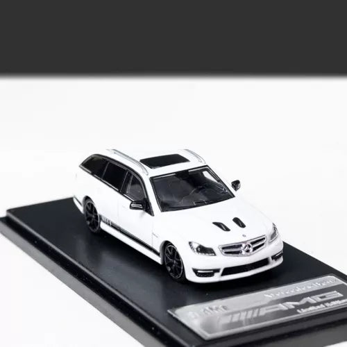 White Mercedes-Benz C63 AMG wagon diecast model car, front 3/4 view
