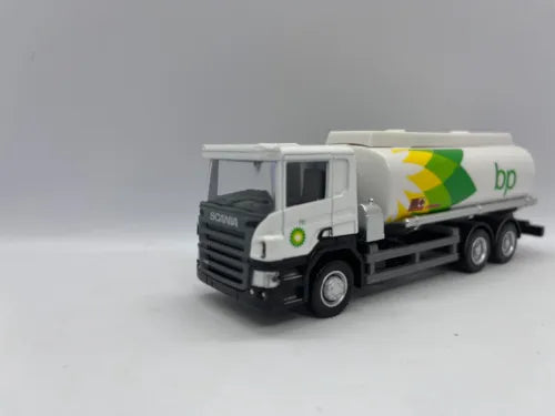 SCANIA BP oil tanker diecast model truck, white cab with bp logo and tanker trailer