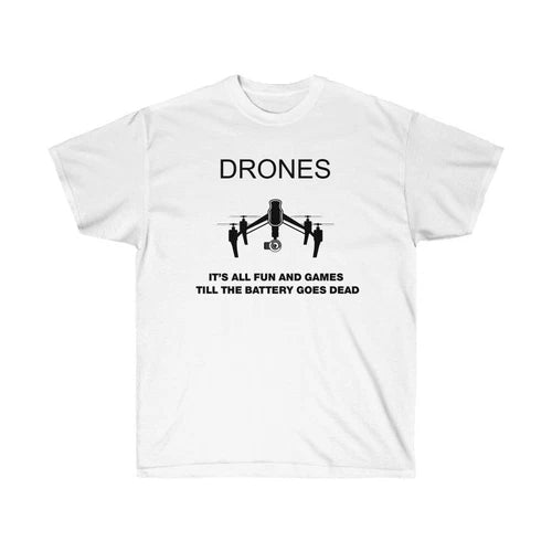 Unisex white cotton T-shirt with drone graphic and text 'DRONES'