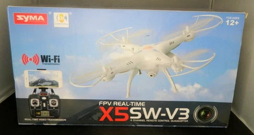 White SYMA quadcopter drone with 4K HD camera, Wi‑Fi and controller in box