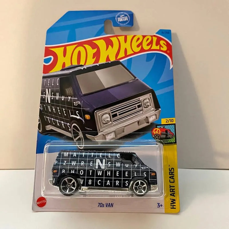 Hot Wheels 70s Van diecast toy car, blue and white, front view in package