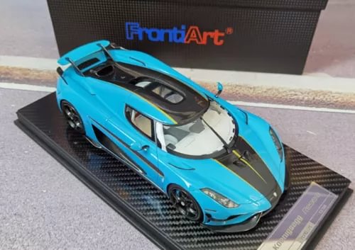 FrontiArt 1:18 resin diecast car model, blue with black details, on display base