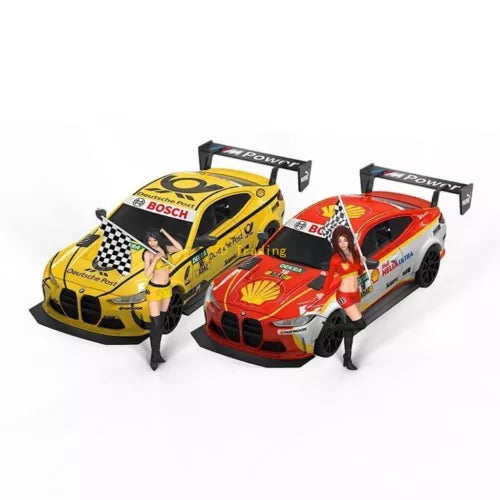 1:64 diecast racing coupe set: yellow and red cars with two standing figures