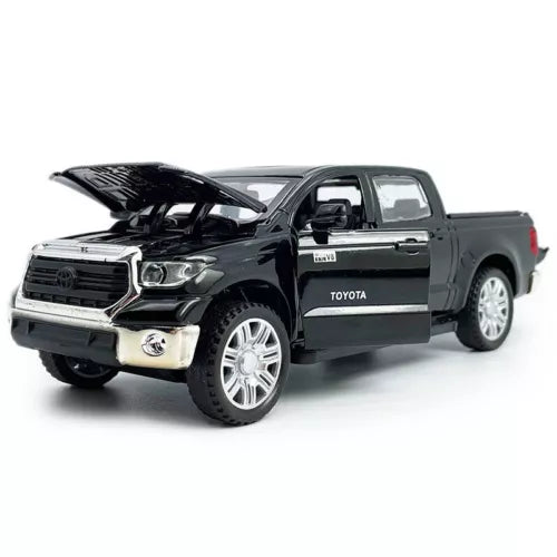 Black Toyota Tundra diecast pickup model car with pull-back action, open hood