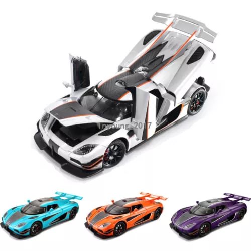 1:24 diecast racing car, white with black and orange stripes; blue, orange, purple options