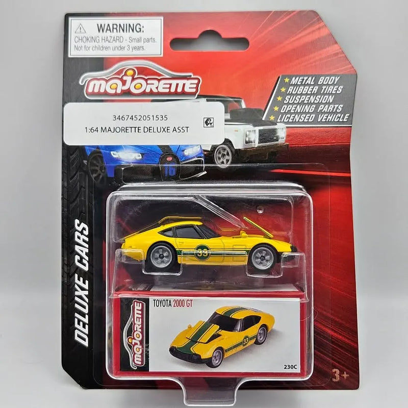 Majorette yellow diecast Toyota 2000 GT #33 car in blister packaging, rubber tires