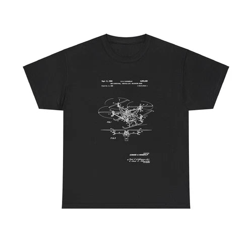 Black patent-style drone graphic T-shirt with vintage diagram on front