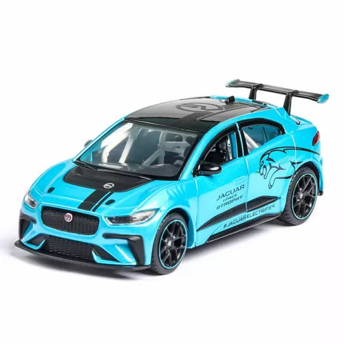 Blue Jaguar I-Pace diecast model car with black grille and teal accents