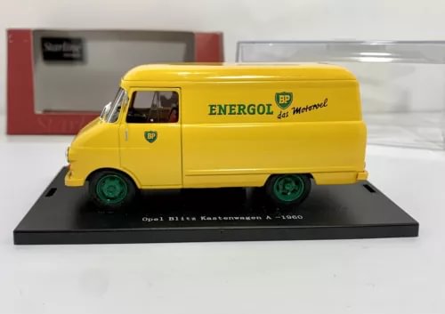 Yellow 1:43 diecast Opel Blitz box van with Energol BP lettering