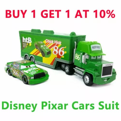 Green diecast toy cars set with race car and Mack-style truck, both show 86 graphics