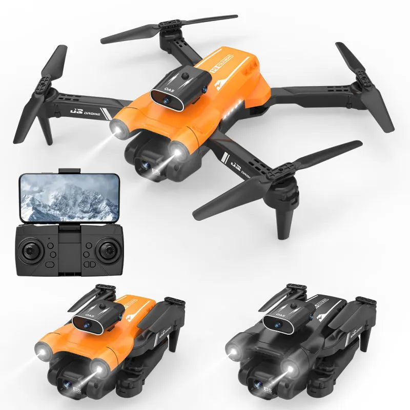 Mini remote control drone with orange body, four propellers, and handheld controller with screen