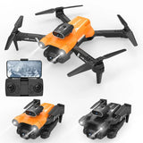 Mini remote control drone with orange body, four propellers, and handheld controller with screen