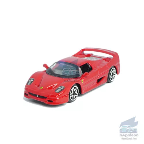 Red 1:64 Ferrari F50 diecast model car with open wheels, front 3/4 view.