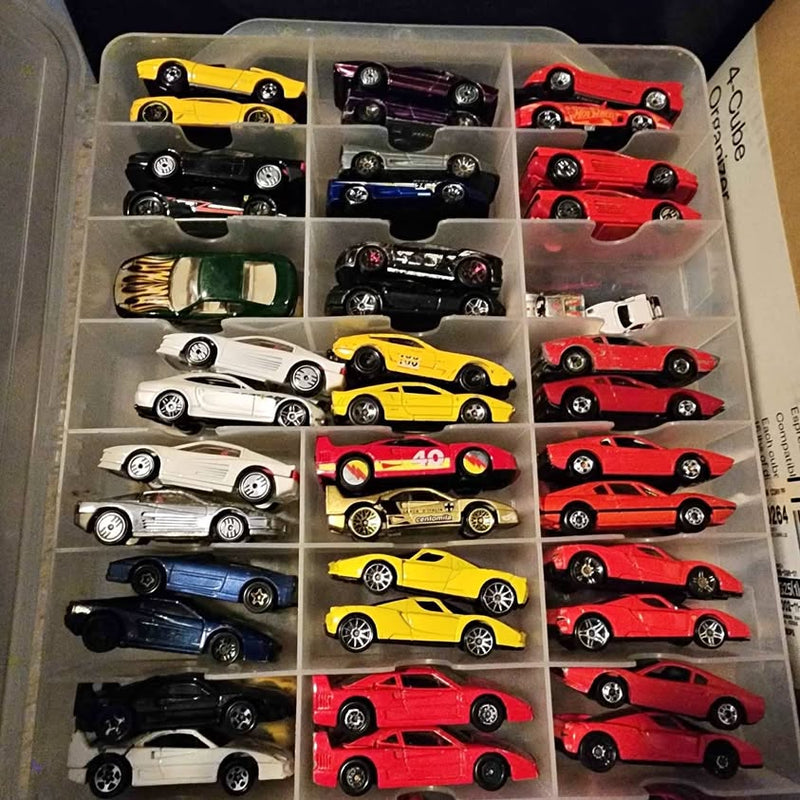 Diecast model car set with multiple colorful cars in a plastic organizer tray