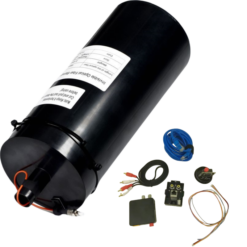 Drone fiber optic FPV canister module with cables, circuit board, and connectors
