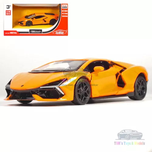Orange Lamborghini Revuelto diecast model car toy with black wheels, side view