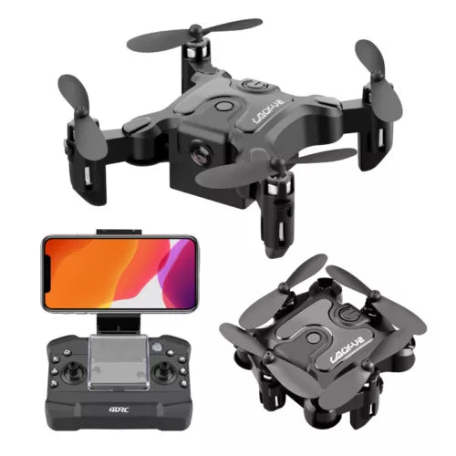 Foldable mini quadcopter drone with four propellers and black remote controller screen