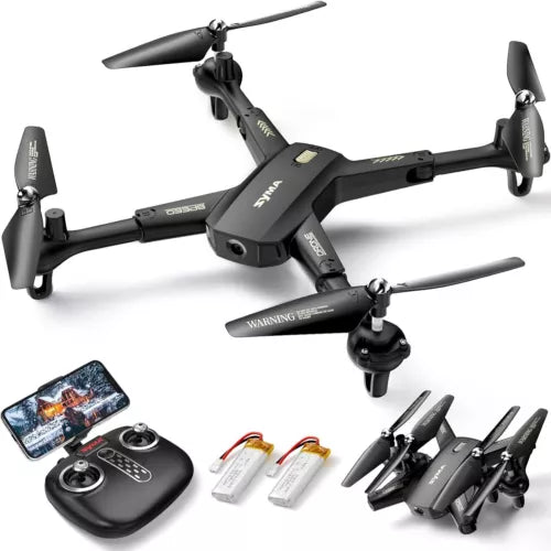 Black SYMA quadcopter drone with camera, remote controller and batteries