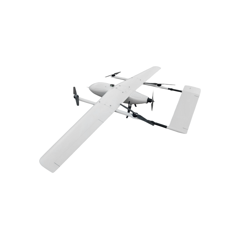 Small white fixed-wing drone with wings and four propellers