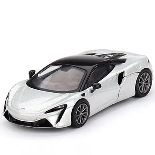 Mini GT 1:64 McLaren Artura diecast model car, ice silver with black hood