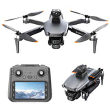 Gray quadcopter drone with four propellers, front camera, and handheld controller with screen