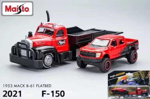 Red diecast Mack truck and F-150 pickup with flatbed trailer, model car set