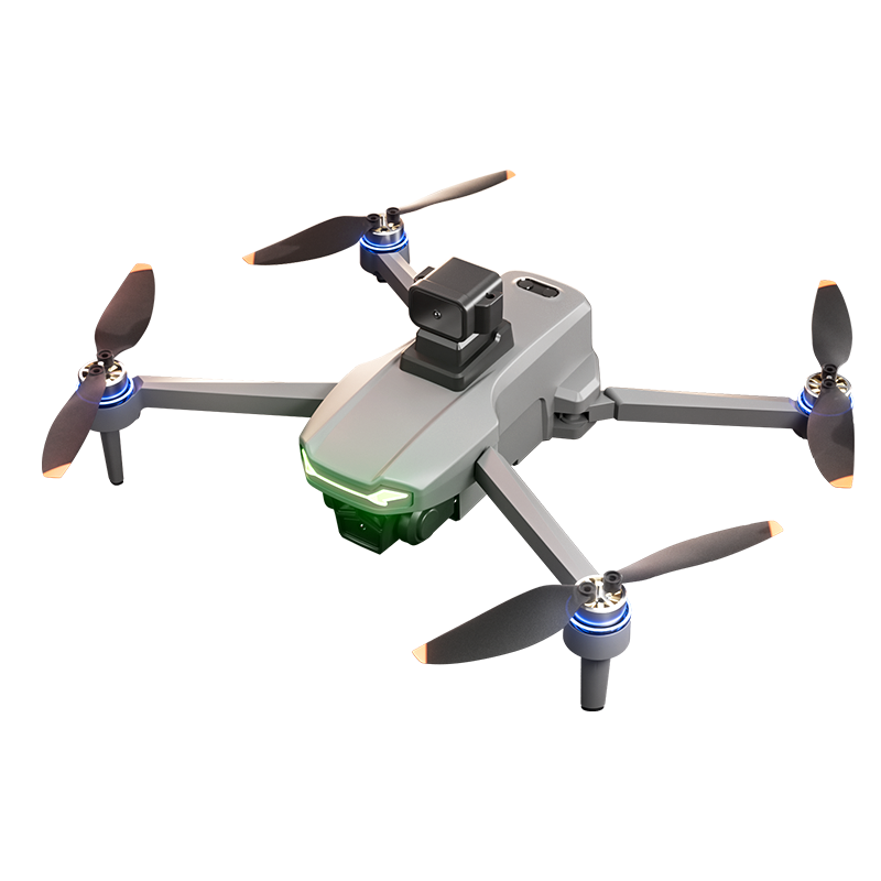 Quadcopter drone with gray body, front camera gimbal, and four spinning propellers