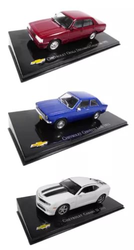 Diecast model car set of three on display bases: red, blue, and white 1:43 cars