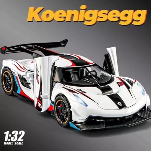 Koenigsegg Jesko diecast alloy car model, white with black and red racing decals, 1:32