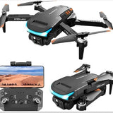 Quadcopter drone with 4K camera, black body and orange accents; paired with remote controller