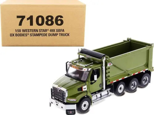 Olive green 1:50 diecast dump truck with open tipping bed, front 3/4 view