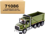 Olive green 1:50 diecast dump truck with open tipping bed, front 3/4 view