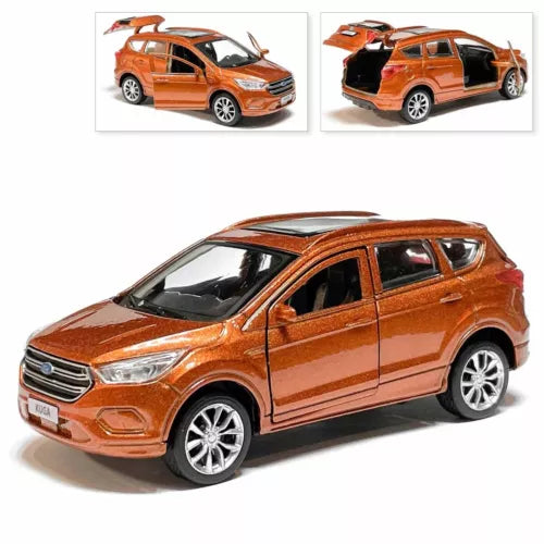 Orange 1/36 diecast SUV model car, front three-quarter view