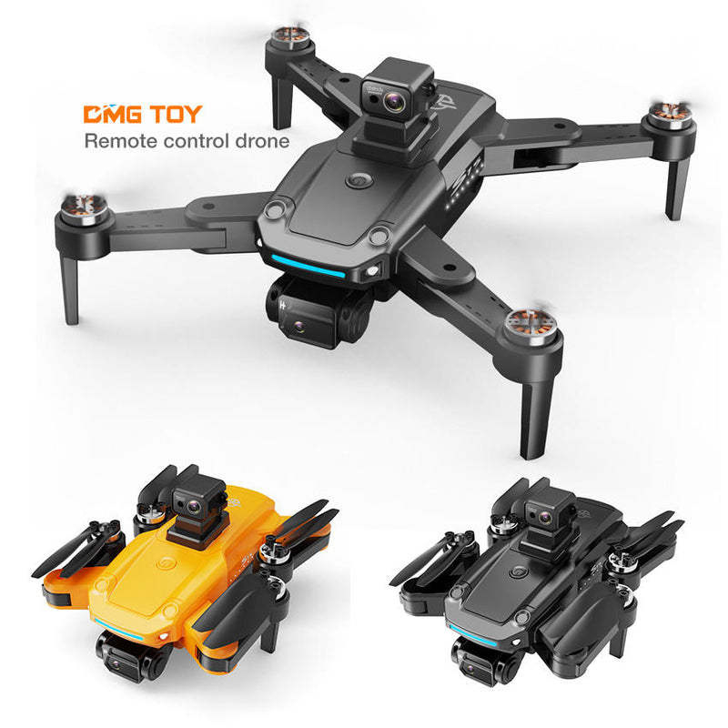 Black quadcopter drone with four rotors, camera gimbal, and two smaller drones