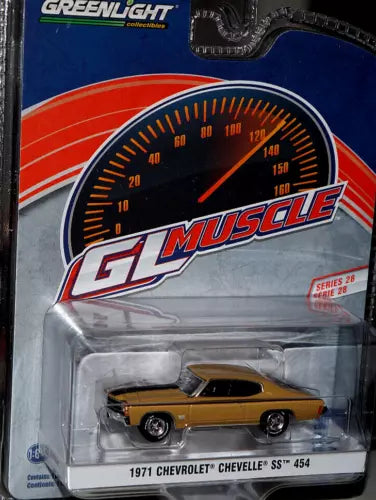 Greenlight gold 1971 Chevrolet Chevelle SS 454 diecast model toy car in blister packaging