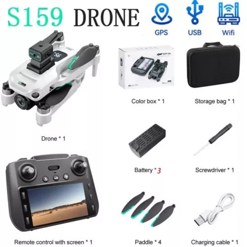 White quadcopter drone with camera, remote controller with screen, and included accessories