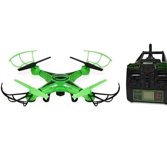 Green quadcopter drone with four prop guards and rotors