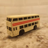 Cream diecast double decker bus with red stripe, side view, 1:87 scale