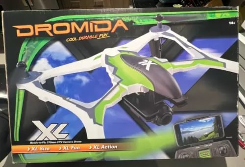 Ready-to-fly FPV camera drone, white frame with green accents and front screen