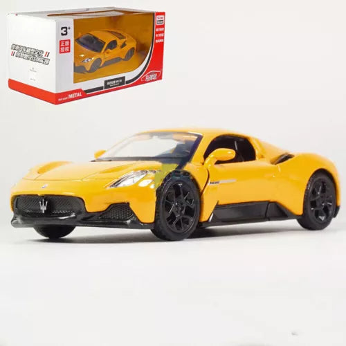 Yellow diecast model car, Maserati MC20 toy with black details, front 3/4 view